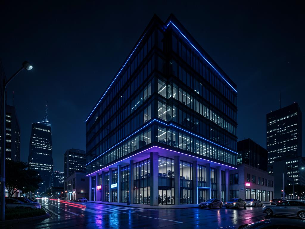 Modern company office building lit at night